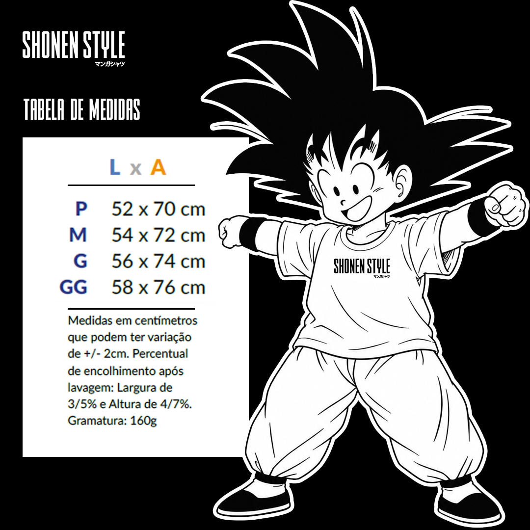 Tabela de medidas Shonen Style: P 52 x 70 cm; M 54 x 72 cm; G 56 x 74 cm; GG 58 x 76 cm (largura x altura).